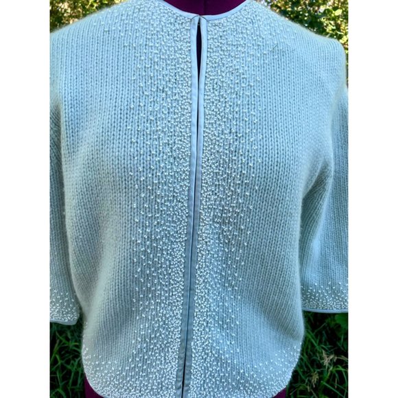 Vintage Angora Seed bead Light Blue Knit Sweater cardigan Hong Kong Medium - Picture 15 of 16